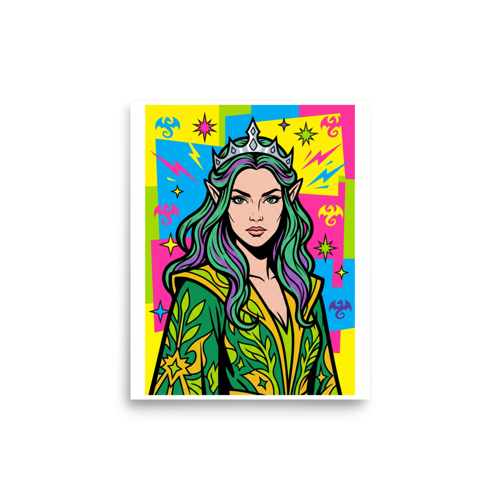 'Elven Queen of Pop' — a Pop art print. A comic-book style pop art poster featuring an elven queen with green hair and a crown against a bright colorful background with stars, perfect for a modern bedroom.