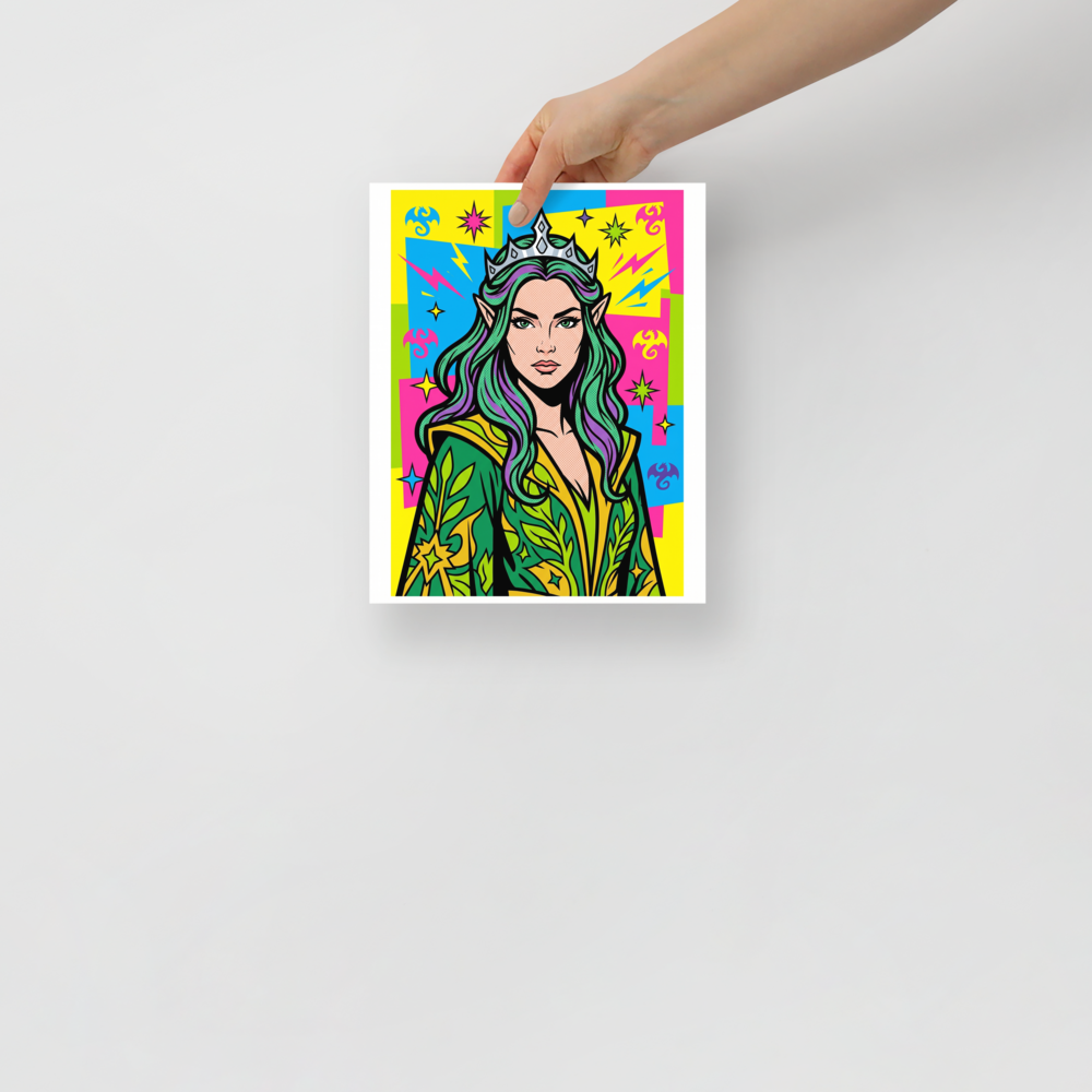 'Elven Queen of Pop' — a Pop art print. A comic-book style pop art poster featuring an elven queen with green hair and a crown against a bright colorful background with stars, perfect for a modern bedroom.
