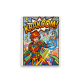 'Krakoom Warrior Blast' — a Pop art print. A comic-book style pop art poster of a female warrior casting a magic blast with a dragon in the background and the text KRAKOOM, perfect for a lively game room.