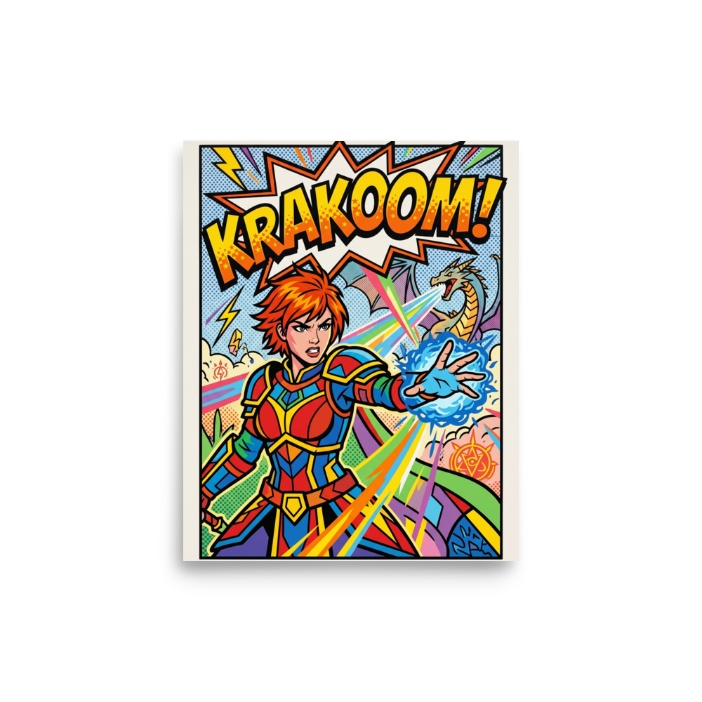 'Krakoom Warrior Blast' — a Pop art print. A comic-book style pop art poster of a female warrior casting a magic blast with a dragon in the background and the text KRAKOOM, perfect for a lively game room.