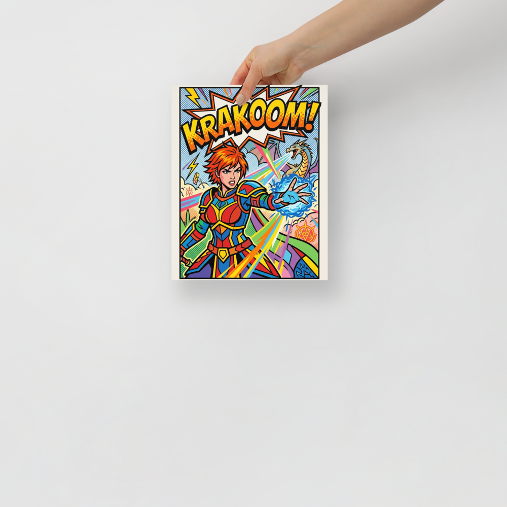 'Krakoom Warrior Blast' — a Pop art print. A comic-book style pop art poster of a female warrior casting a magic blast with a dragon in the background and the text KRAKOOM, perfect for a lively game room.
