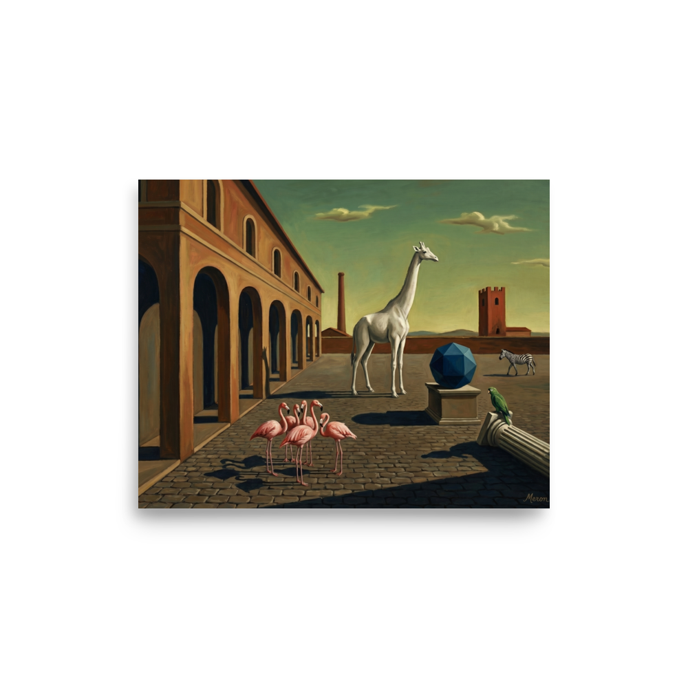 'The Giraffe's Geometry' — a Surrealism print. A surreal painting of a white giraffe, flamingos, and a blue geometric shape in an empty plaza, perfect for a Living Room.