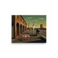 'The Giraffe's Geometry' — a Surrealism print. A surreal painting of a white giraffe, flamingos, and a blue geometric shape in an empty plaza, perfect for a Living Room.