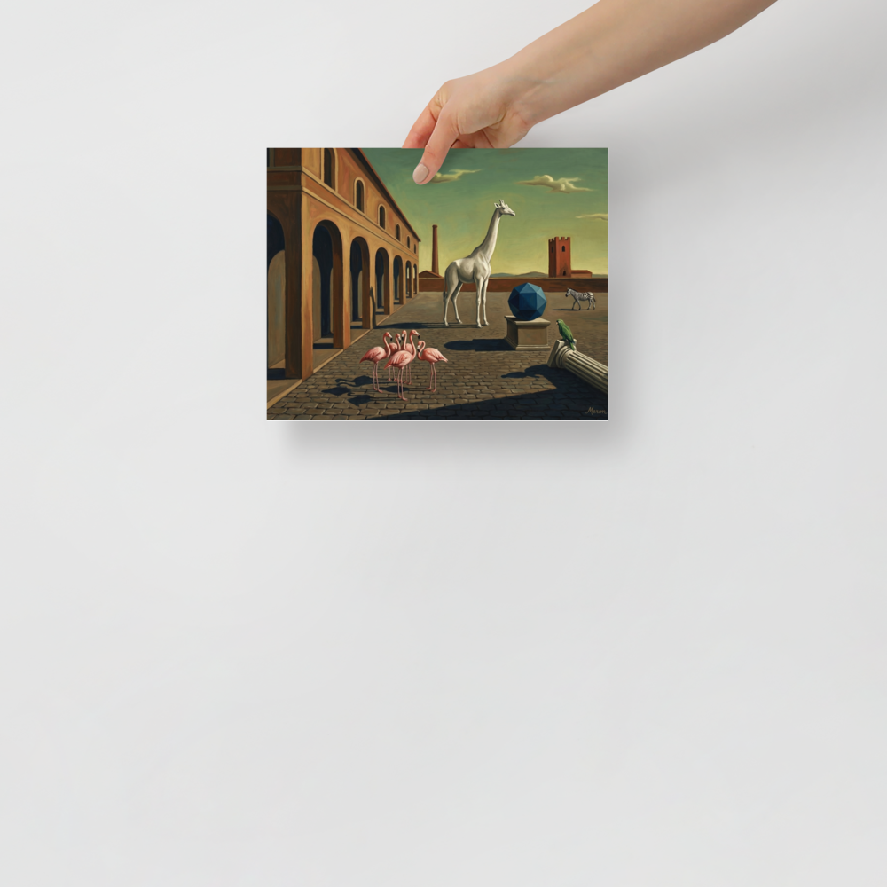 'The Giraffe's Geometry' — a Surrealism print. A surreal painting of a white giraffe, flamingos, and a blue geometric shape in an empty plaza, perfect for a Living Room.