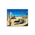 'The Keeper of Sands and Time' — a Surrealism print. A surreal painting showing a stone lion, an ibex, and floating shapes on a sandy beach under a blue sky, perfect for a Bedroom.