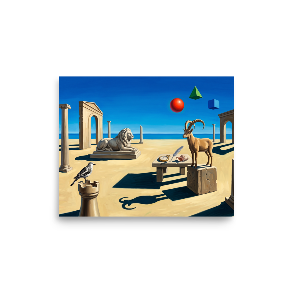 'The Keeper of Sands and Time' — a Surrealism print. A surreal painting showing a stone lion, an ibex, and floating shapes on a sandy beach under a blue sky, perfect for a Bedroom.