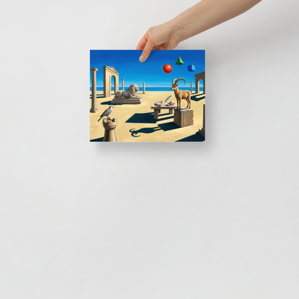 'The Keeper of Sands and Time' — a Surrealism print. A surreal painting showing a stone lion, an ibex, and floating shapes on a sandy beach under a blue sky, perfect for a Bedroom.