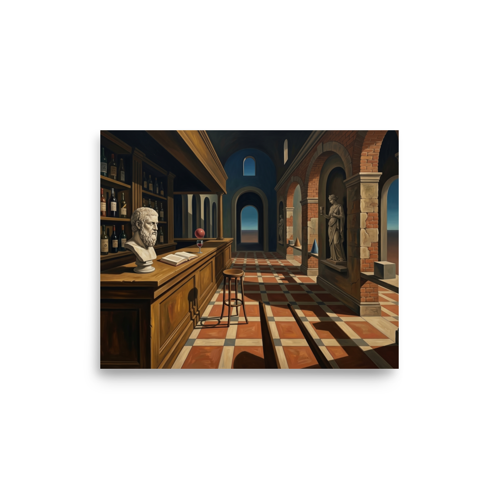 'The Philosopher's Tavern' — a Metaphysical painting print. A metaphysical painting of a tavern interior featuring a philosopher bust, a floating red sphere, and classical arches, perfect for a Home Bar.