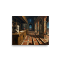 'The Philosopher's Tavern' — a Metaphysical painting print. A metaphysical painting of a tavern interior featuring a philosopher bust, a floating red sphere, and classical arches, perfect for a Home Bar.