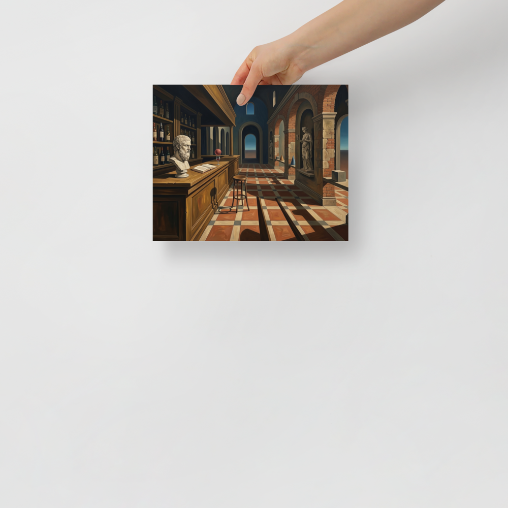 'The Philosopher's Tavern' — a Metaphysical painting print. A metaphysical painting of a tavern interior featuring a philosopher bust, a floating red sphere, and classical arches, perfect for a Home Bar.