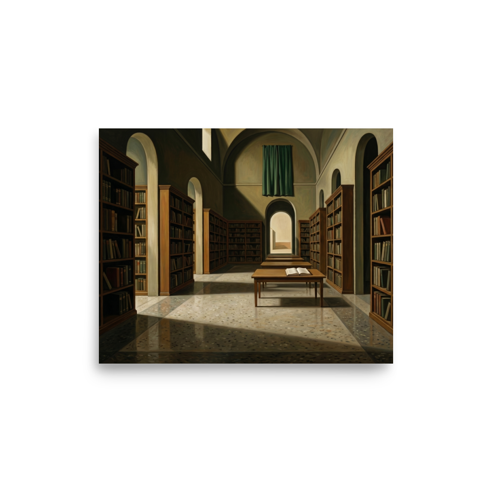 'The Silent Archive' — a Metaphysical painting print. An oil painting of a vast, silent library with an open book on a central table, perfect for an Office or Library.
