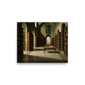 'The Silent Archive' — a Metaphysical painting print. An oil painting of a vast, silent library with an open book on a central table, perfect for an Office or Library.