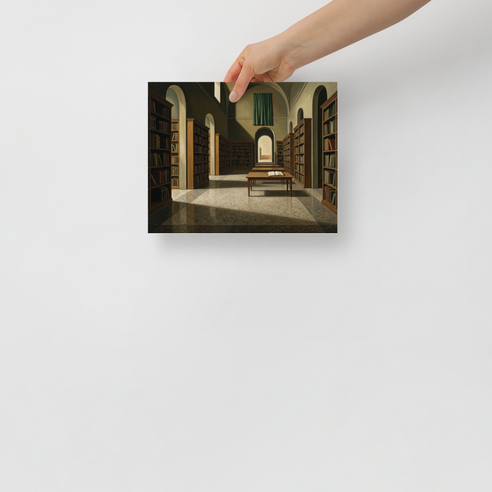 'The Silent Archive' — a Metaphysical painting print. An oil painting of a vast, silent library with an open book on a central table, perfect for an Office or Library.
