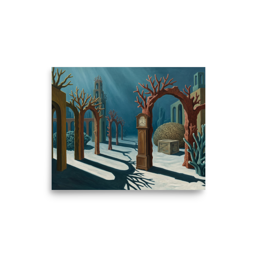 'The Sunken Hours' — a Surrealism print. A surreal underwater painting of a grandfather clock standing among coral arches on the ocean floor, perfect for a Bathroom.