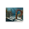 'The Sunken Hours' — a Surrealism print. A surreal underwater painting of a grandfather clock standing among coral arches on the ocean floor, perfect for a Bathroom.