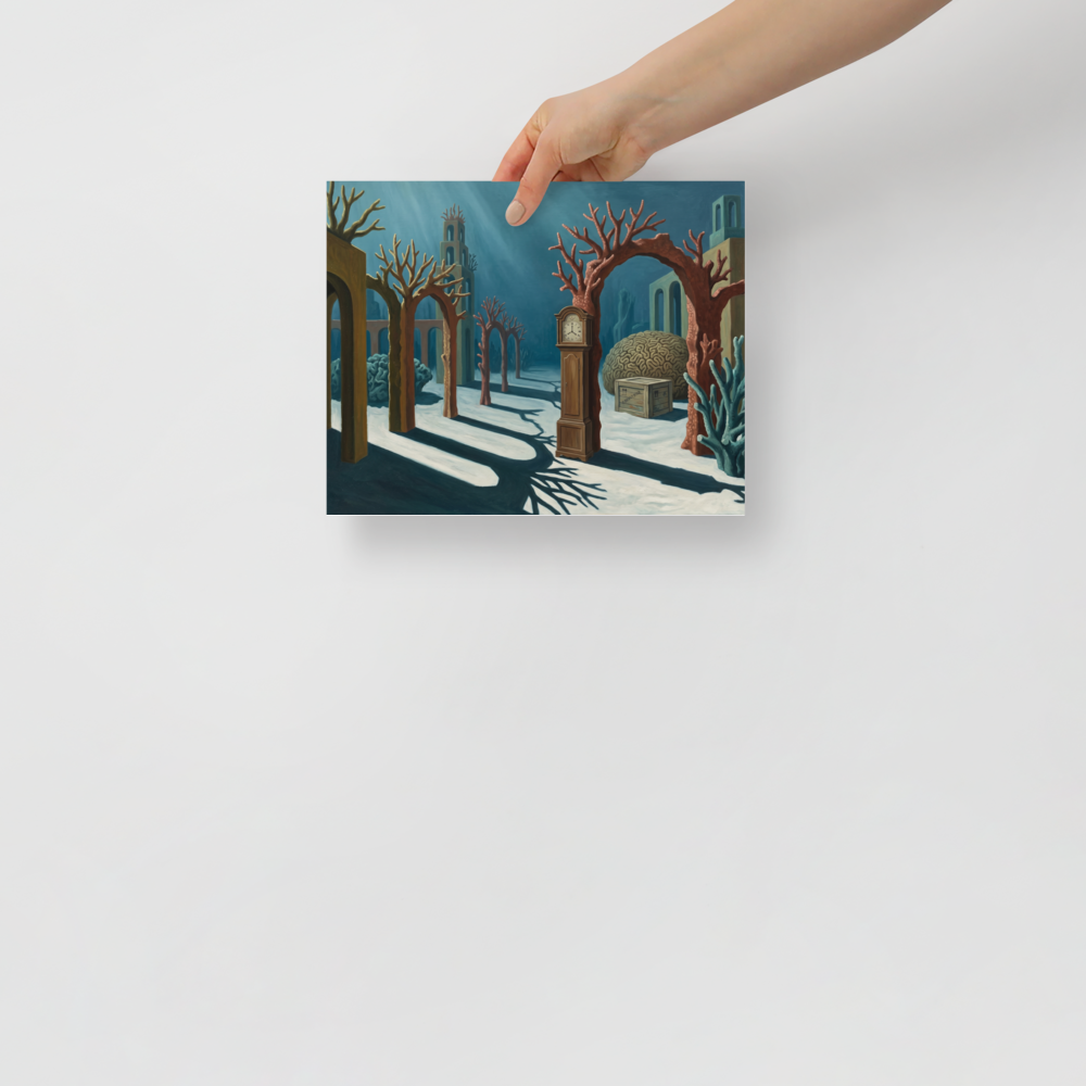 'The Sunken Hours' — a Surrealism print. A surreal underwater painting of a grandfather clock standing among coral arches on the ocean floor, perfect for a Bathroom.