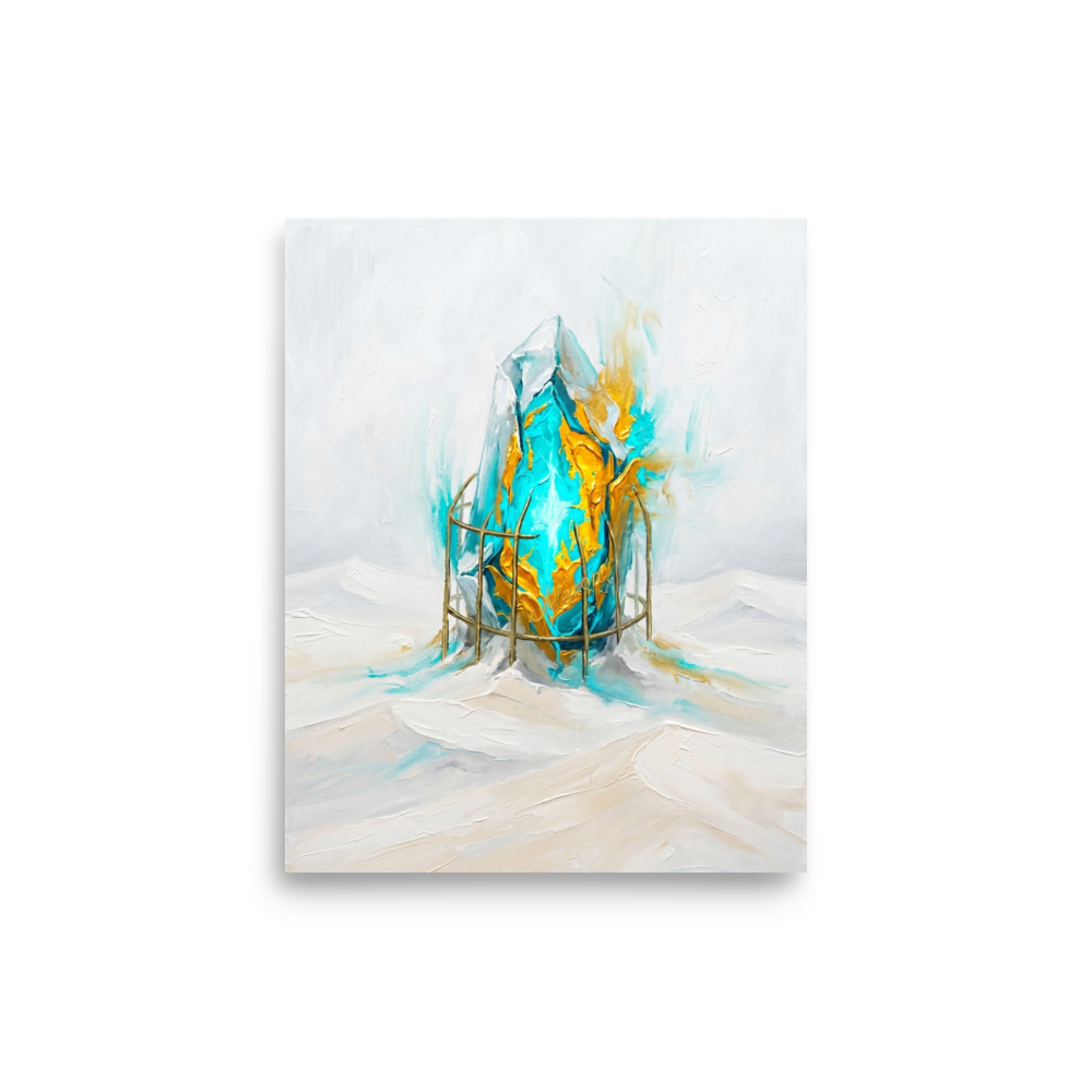 'Caged Luminescence' — a Surrealism,Abstract expressionism print. A surreal impasto oil painting of a glowing cyan and gold crystal in a cage rising from white snow, adding a striking abstract element to a modern office.