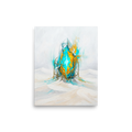 'Caged Luminescence' — a Surrealism,Abstract expressionism print. A surreal impasto oil painting of a glowing cyan and gold crystal in a cage rising from white snow, adding a striking abstract element to a modern office.