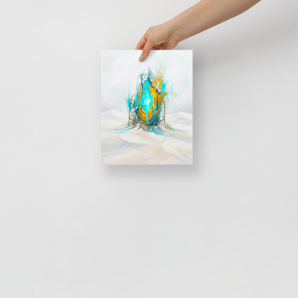 'Caged Luminescence' — a Surrealism,Abstract expressionism print. A surreal impasto oil painting of a glowing cyan and gold crystal in a cage rising from white snow, adding a striking abstract element to a modern office.