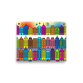 'Bright City Blocks' — a Pop art print. A vibrant pop art illustration showing rows of brightly colored city buildings, stars, and tiny cars, perfect for a playful office or nursery.