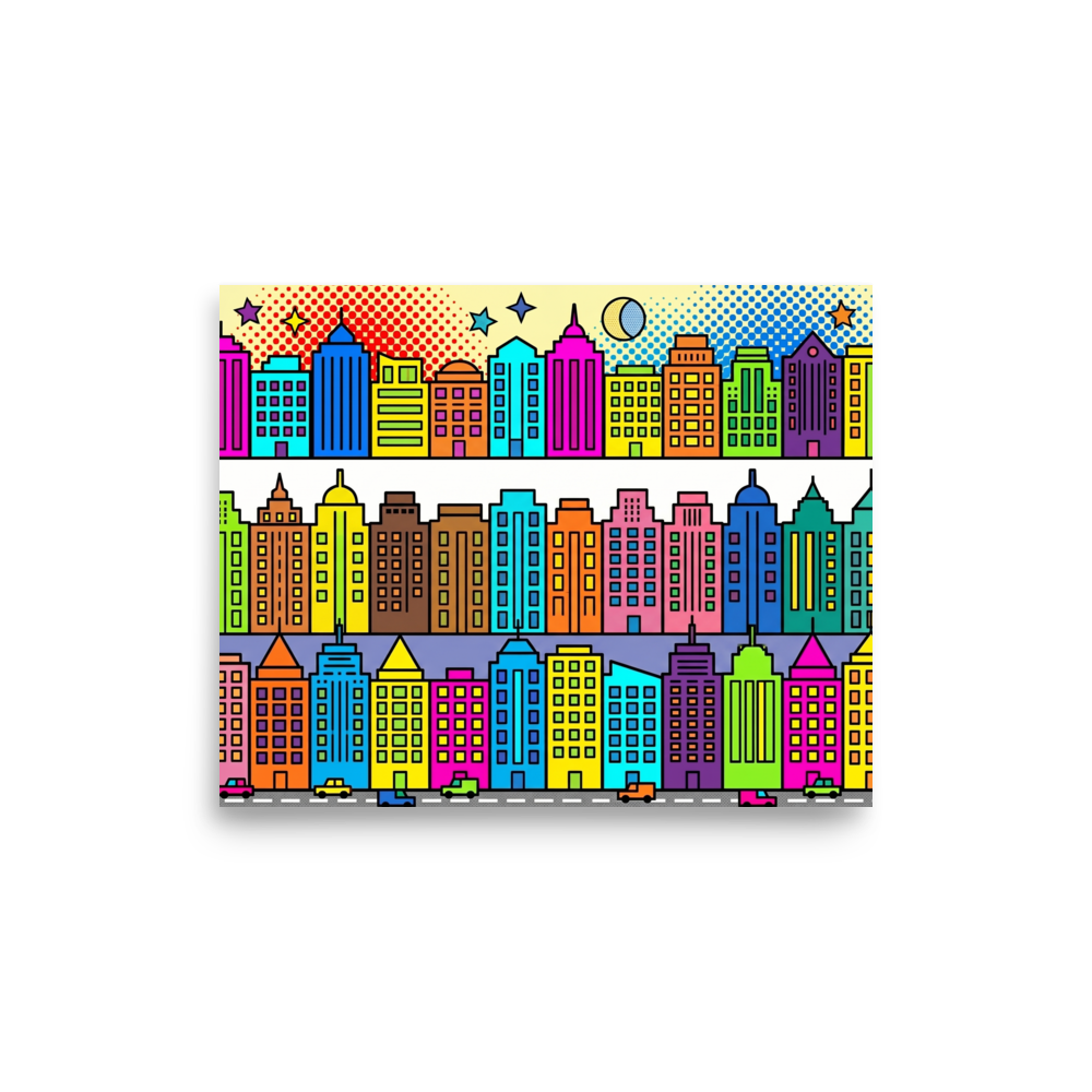 'Bright City Blocks' — a Pop art print. A vibrant pop art illustration showing rows of brightly colored city buildings, stars, and tiny cars, perfect for a playful office or nursery.