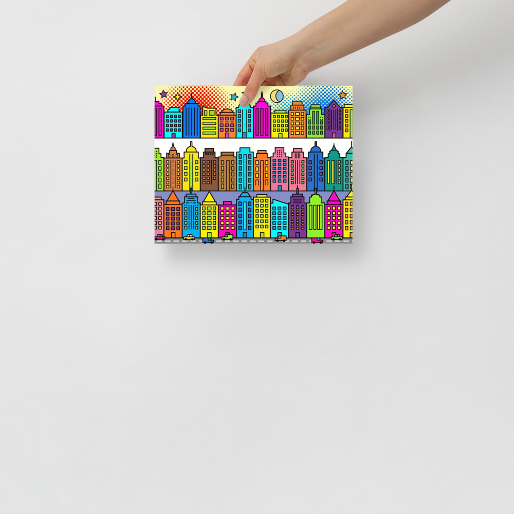 'Bright City Blocks' — a Pop art print. A vibrant pop art illustration showing rows of brightly colored city buildings, stars, and tiny cars, perfect for a playful office or nursery.