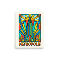 'Metropolis Deco' — a Pop art print. A vibrant pop art poster of an Art Deco skyscraper with sunbursts and the text METROPOLIS, perfect for a stylish home office or living room.