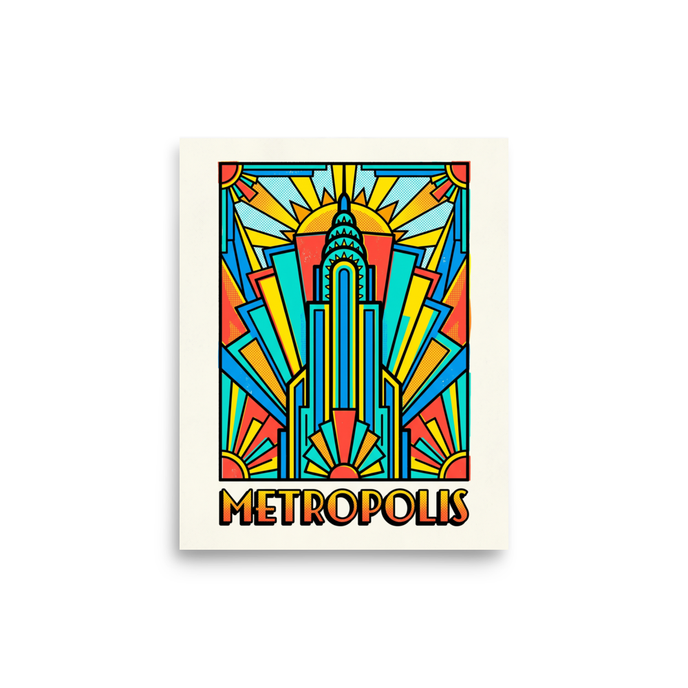 'Metropolis Deco' — a Pop art print. A vibrant pop art poster of an Art Deco skyscraper with sunbursts and the text METROPOLIS, perfect for a stylish home office or living room.