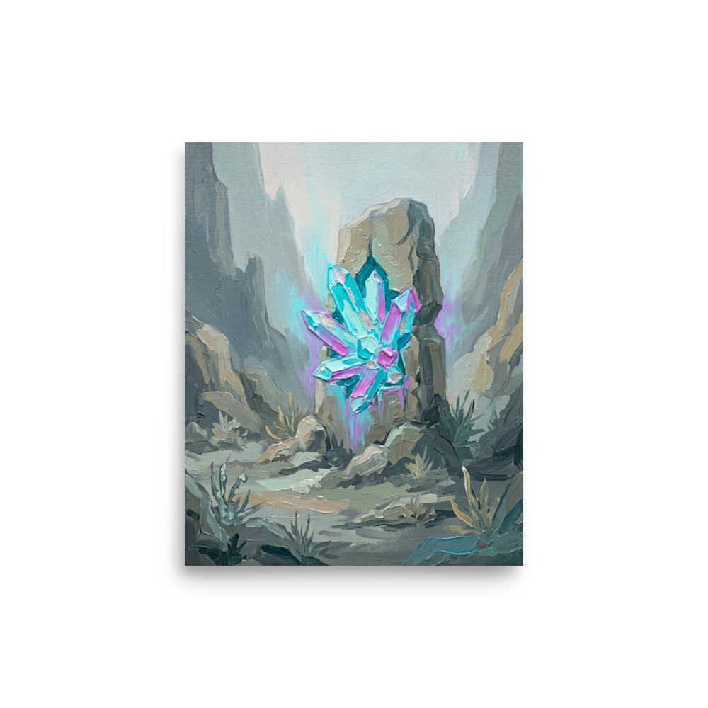 'Monolith's Crystal Heart' — a Surrealism,Impressionism print. An impasto oil painting of a bright cyan and purple crystal cluster embedded in a gray stone monolith in a muted canyon, perfect for adding a mystical touch to an office or living room.