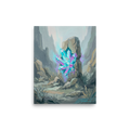 'Monolith's Crystal Heart' — a Surrealism,Impressionism print. An impasto oil painting of a bright cyan and purple crystal cluster embedded in a gray stone monolith in a muted canyon, perfect for adding a mystical touch to an office or living room.