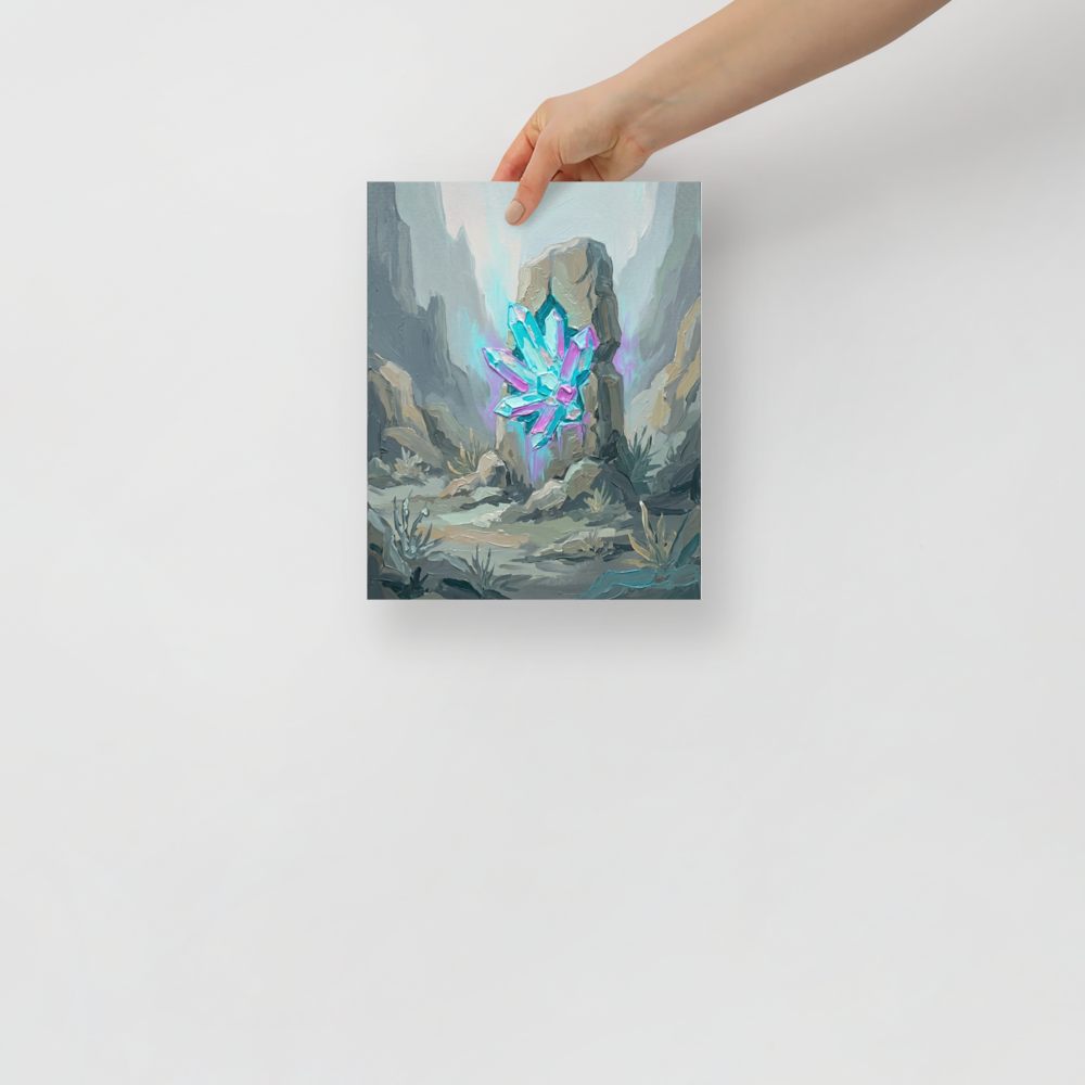 'Monolith's Crystal Heart' — a Surrealism,Impressionism print. An impasto oil painting of a bright cyan and purple crystal cluster embedded in a gray stone monolith in a muted canyon, perfect for adding a mystical touch to an office or living room.