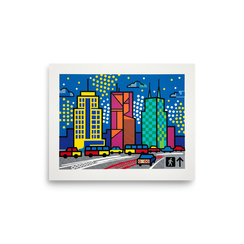 'City Commute Pop' — a Pop art print. A colorful pop art print of a city skyline with geometric buildings and traffic on the street below, perfect for a modern office or living room.