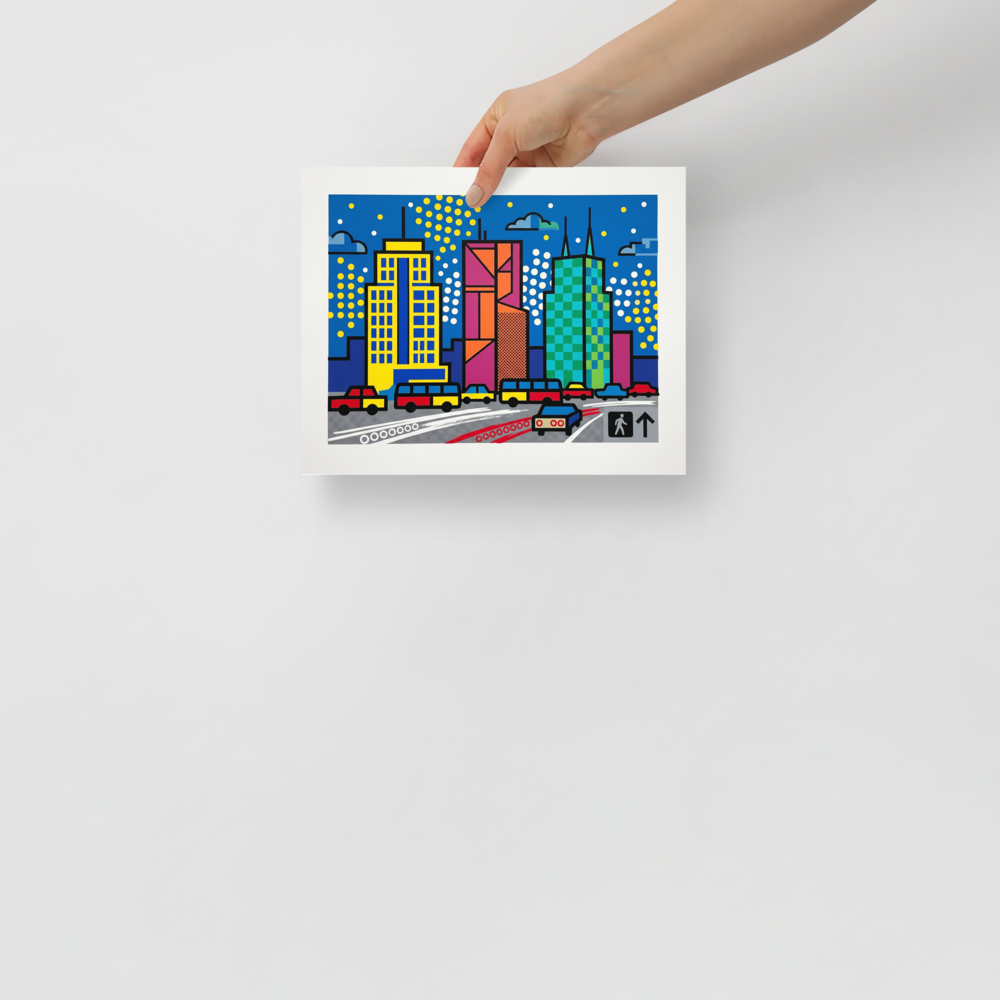 'City Commute Pop' — a Pop art print. A colorful pop art print of a city skyline with geometric buildings and traffic on the street below, perfect for a modern office or living room.