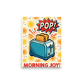 'Morning Joy Toaster' — a Pop art print. A vibrant Pop Art illustration of a blue toaster with golden toast popping out, accompanied by a POP speech bubble and a sunny background, perfect for a cheerful Kitchen.