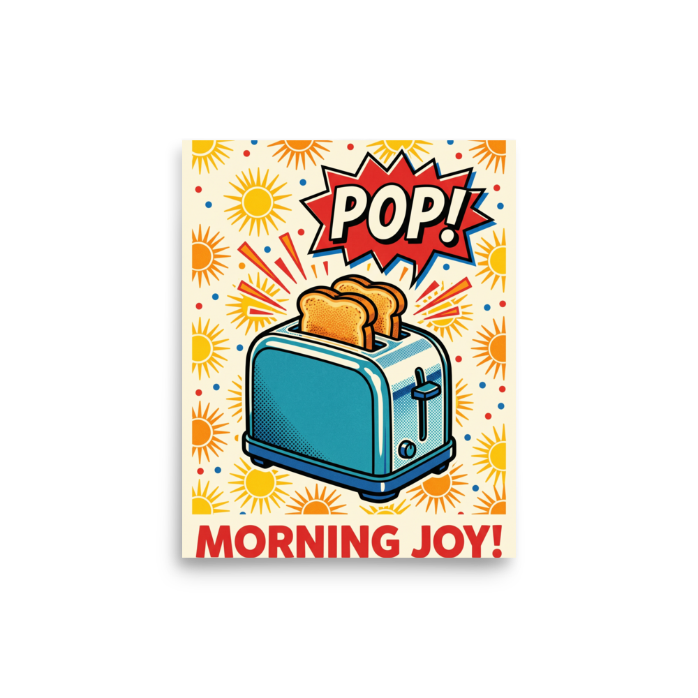 'Morning Joy Toaster' — a Pop art print. A vibrant Pop Art illustration of a blue toaster with golden toast popping out, accompanied by a POP speech bubble and a sunny background, perfect for a cheerful Kitchen.