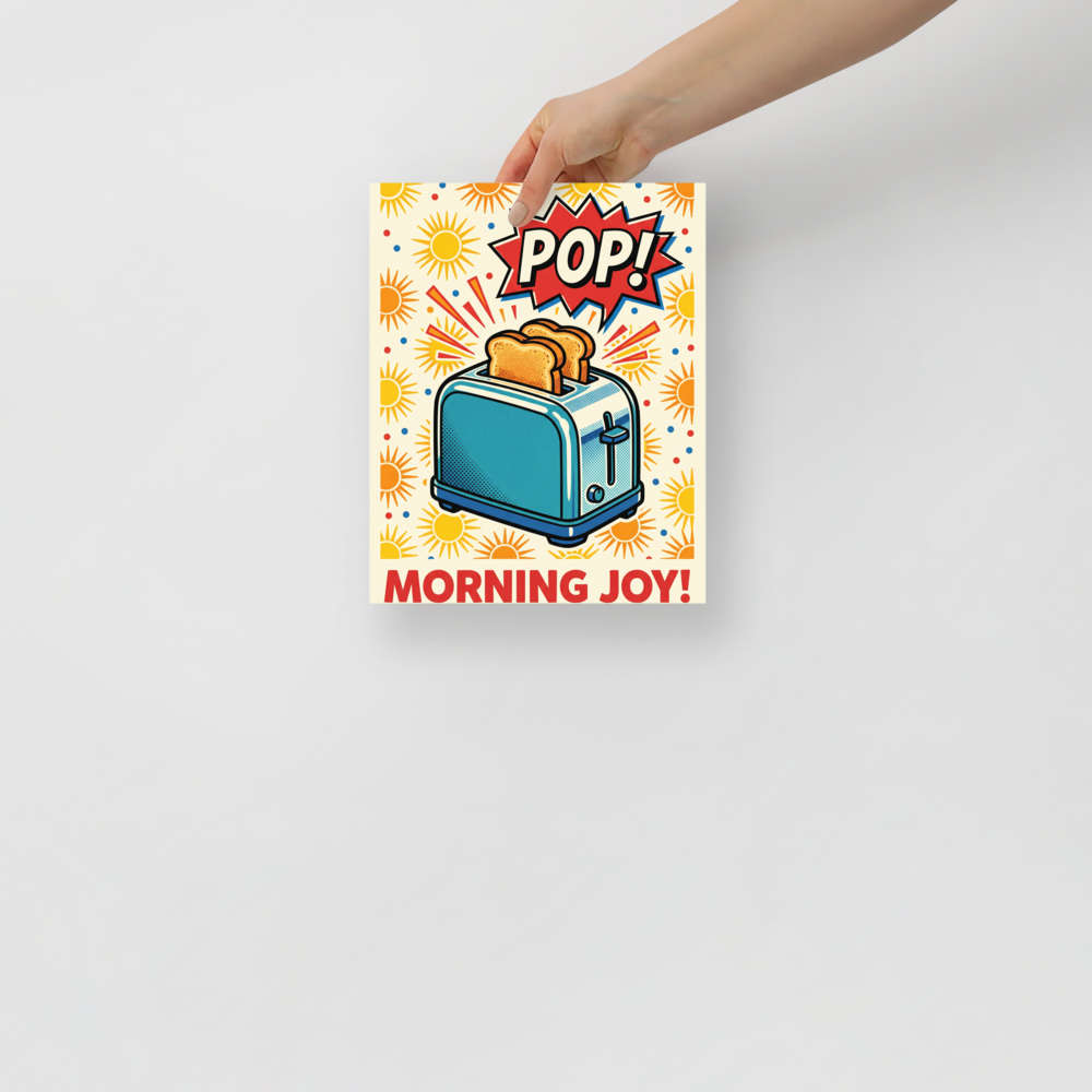 'Morning Joy Toaster' — a Pop art print. A vibrant Pop Art illustration of a blue toaster with golden toast popping out, accompanied by a POP speech bubble and a sunny background, perfect for a cheerful Kitchen.