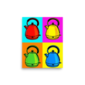 'Quad Chroma Kettle' — a Pop art print. A four-panel pop art illustration featuring a kettle in red, yellow, green, and blue against contrasting bright backgrounds, perfect for a modern Kitchen.