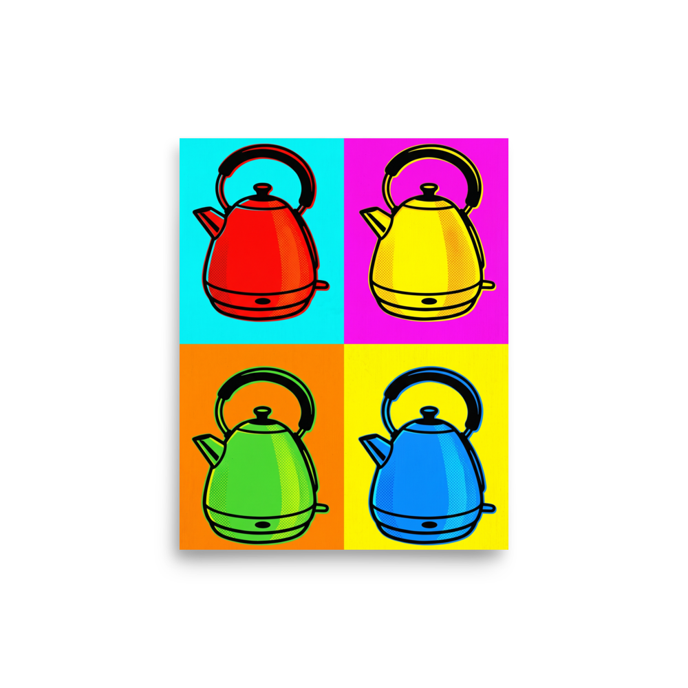 'Quad Chroma Kettle' — a Pop art print. A four-panel pop art illustration featuring a kettle in red, yellow, green, and blue against contrasting bright backgrounds, perfect for a modern Kitchen.