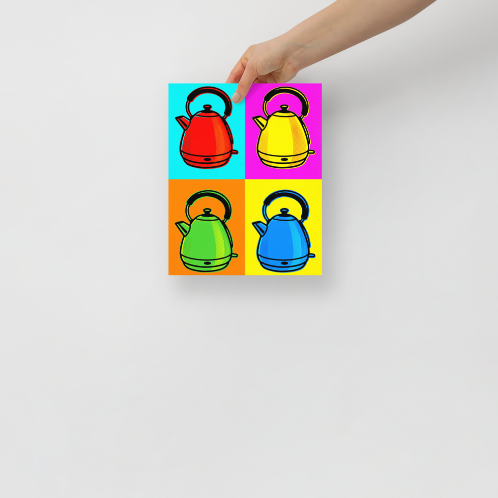 'Quad Chroma Kettle' — a Pop art print. A four-panel pop art illustration featuring a kettle in red, yellow, green, and blue against contrasting bright backgrounds, perfect for a modern Kitchen.