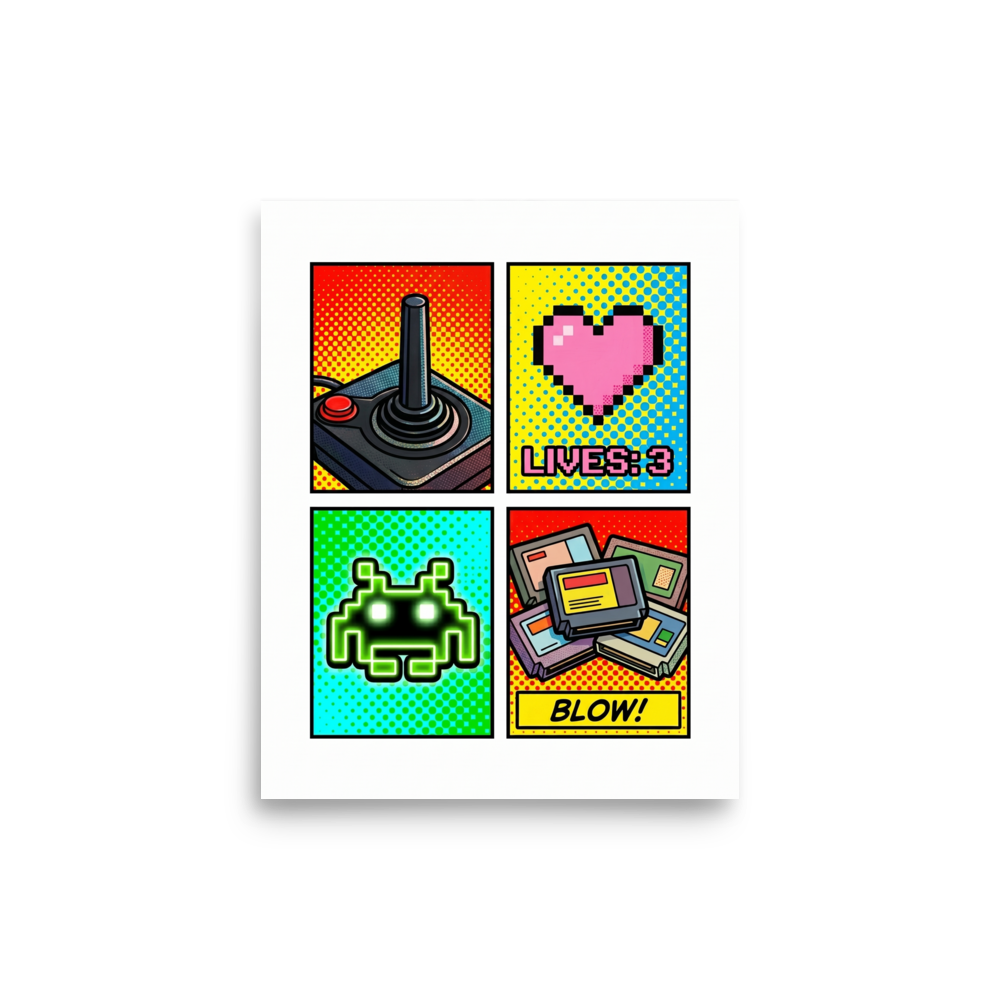 'Retro Arcade Memories' — a Pop art print. A pop art collage of retro video game elements including a joystick, a pixel heart with lives remaining, a space invader, and game cartridges, set against bright dotted backgrounds.