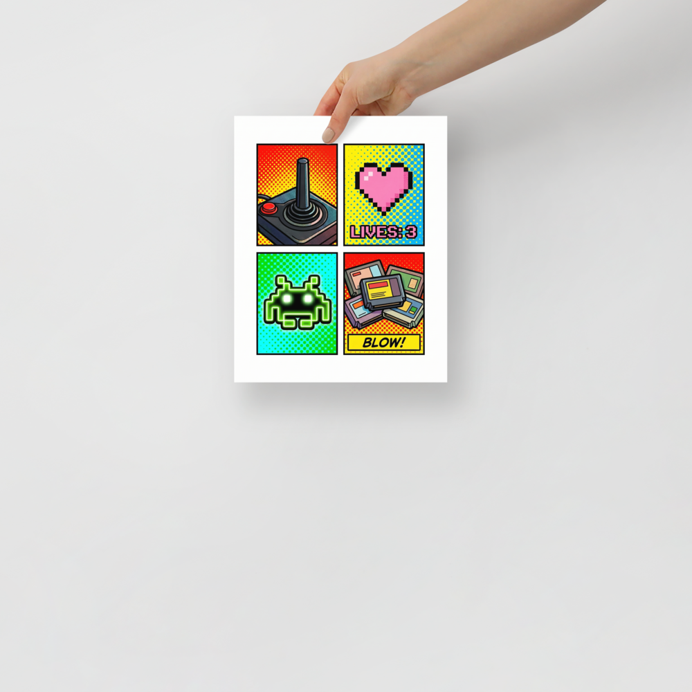 'Retro Arcade Memories' — a Pop art print. A pop art collage of retro video game elements including a joystick, a pixel heart with lives remaining, a space invader, and game cartridges, set against bright dotted backgrounds.