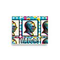 'Pop Art Valor' — a Pop art print. A pop art illustration featuring a repeated knight's helmet in cyan and yellow, set against a background of colorful circles and stars, with the word VALOR written below, perfect for a Game Room.