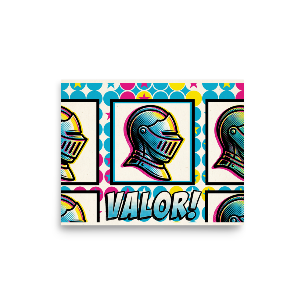 'Pop Art Valor' — a Pop art print. A pop art illustration featuring a repeated knight's helmet in cyan and yellow, set against a background of colorful circles and stars, with the word VALOR written below, perfect for a Game Room.