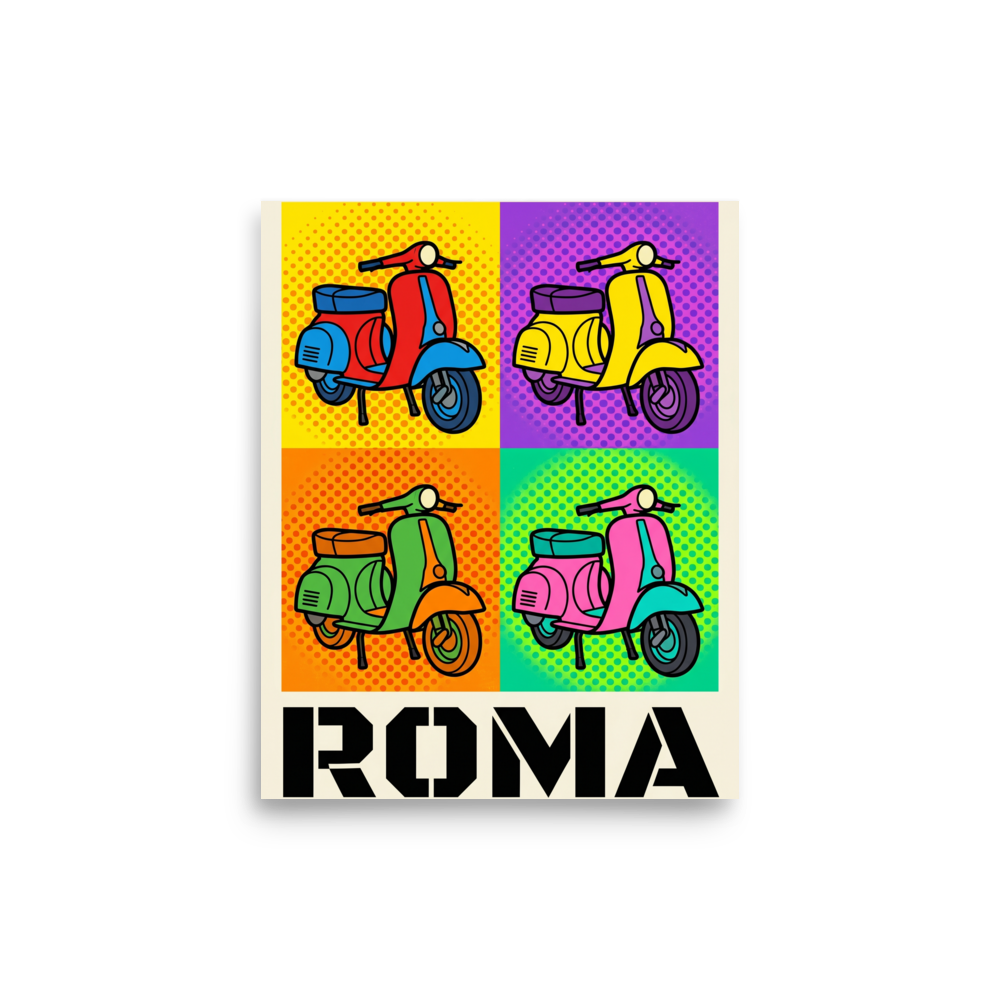 'Roma Scooter Pop' — a Pop art print. A vibrant four-panel pop art illustration of classic Italian scooters in primary colors with dotted backgrounds, sitting above the bold text ROMA.