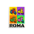'Roma Scooter Pop' — a Pop art print. A vibrant four-panel pop art illustration of classic Italian scooters in primary colors with dotted backgrounds, sitting above the bold text ROMA.
