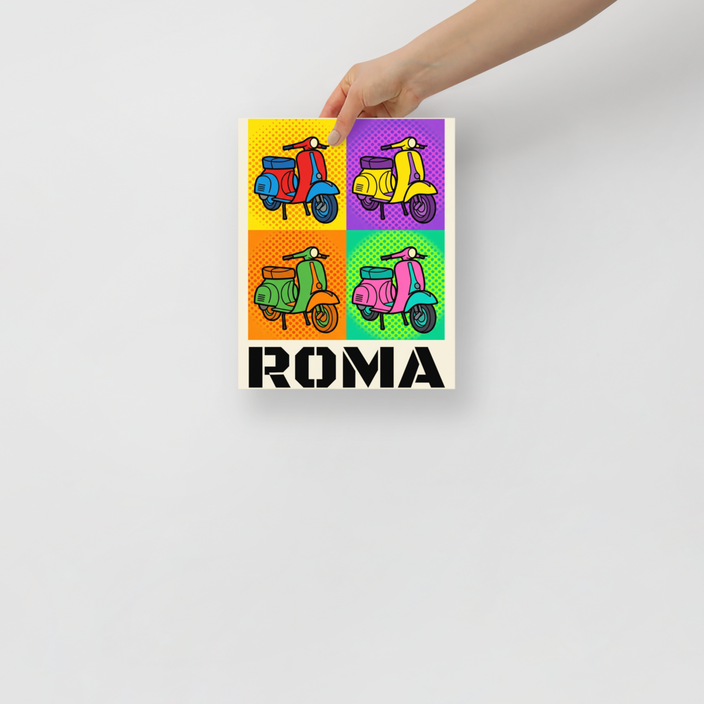 'Roma Scooter Pop' — a Pop art print. A vibrant four-panel pop art illustration of classic Italian scooters in primary colors with dotted backgrounds, sitting above the bold text ROMA.