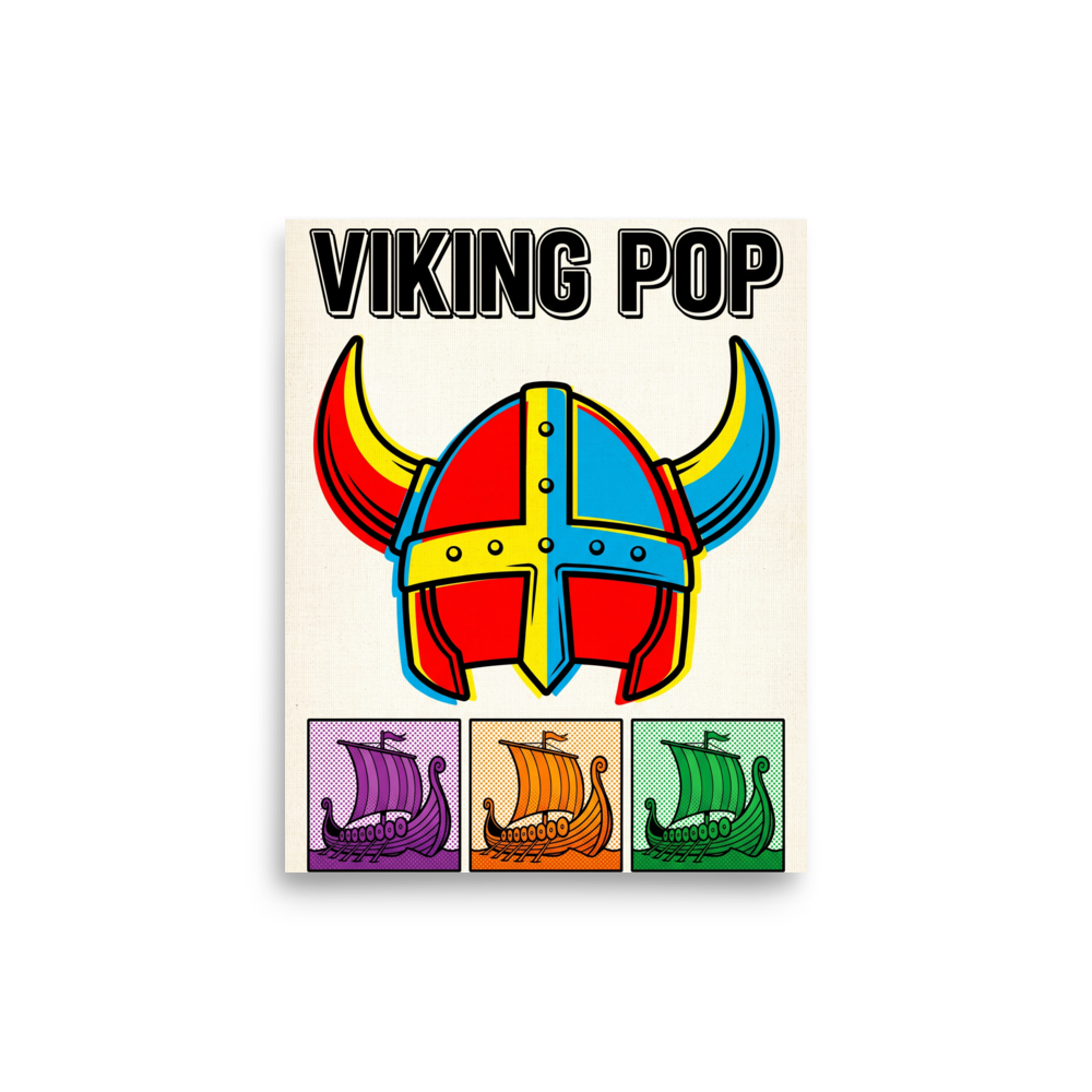 'Viking Pop' — a Pop art print. A pop art poster titled Viking Pop featuring a colorful horned helmet above three small panels of Viking longships in purple, orange, and green, perfect for a Game Room.