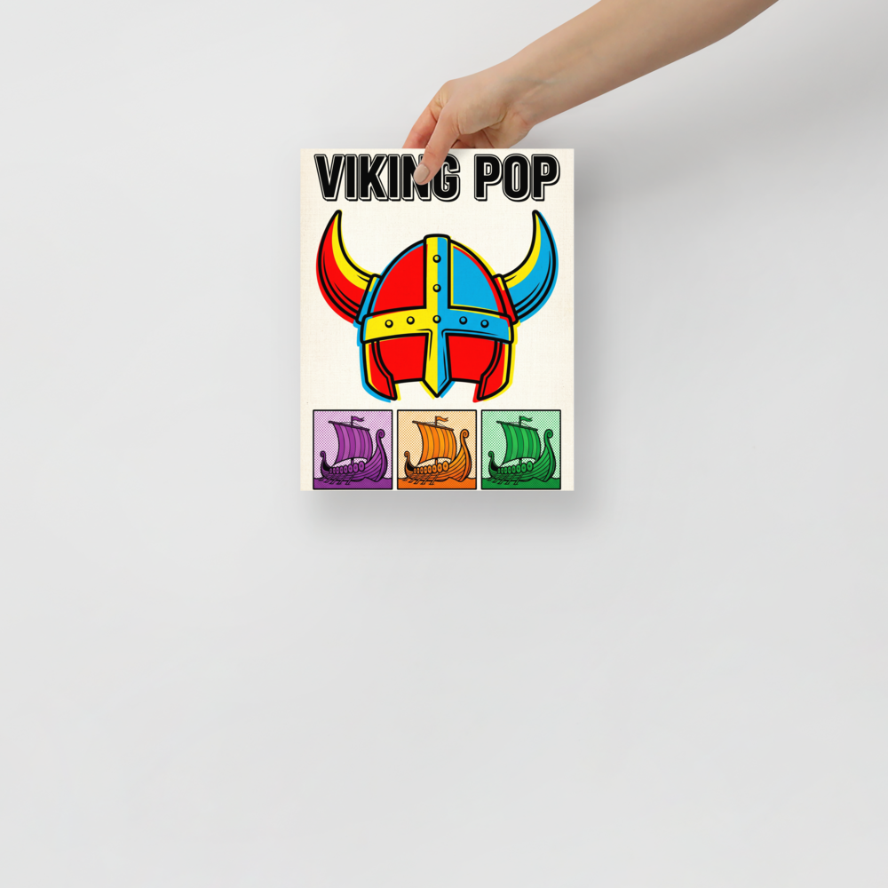 'Viking Pop' — a Pop art print. A pop art poster titled Viking Pop featuring a colorful horned helmet above three small panels of Viking longships in purple, orange, and green, perfect for a Game Room.