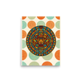 'Pop Aztec Sun' — a Pop art print. A pop art style illustration of the Aztec sun stone in bright cyan, red, and yellow, surrounded by a repeating pattern of faded sun stones on a cream background, perfect for a Living Room.