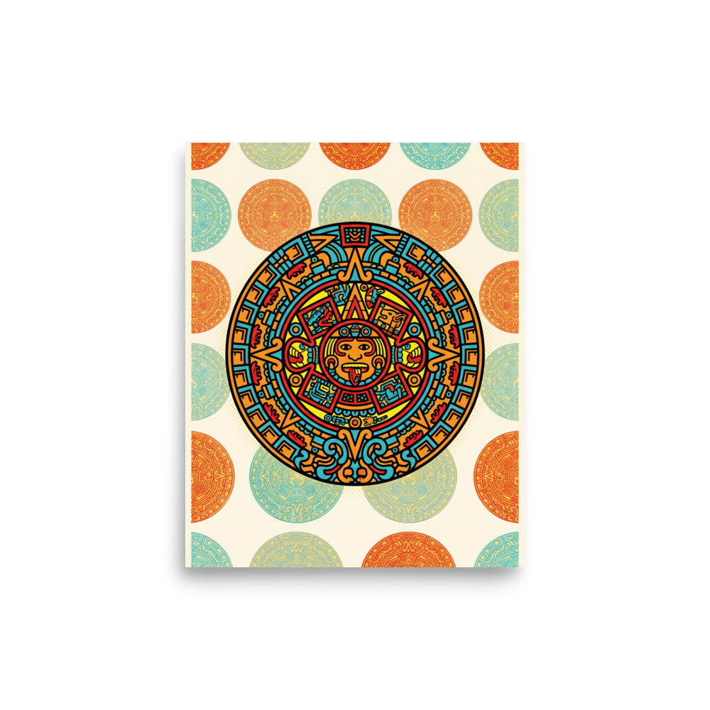 'Pop Aztec Sun' — a Pop art print. A pop art style illustration of the Aztec sun stone in bright cyan, red, and yellow, surrounded by a repeating pattern of faded sun stones on a cream background, perfect for a Living Room.